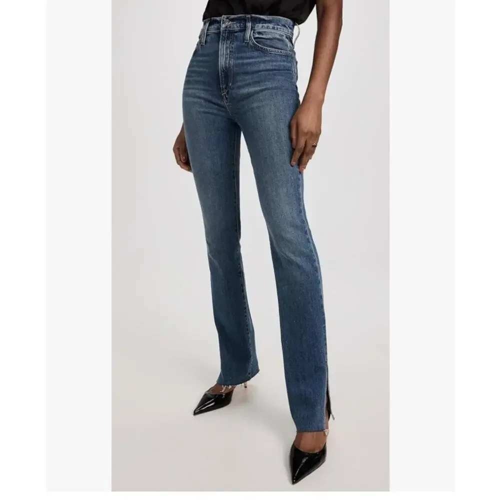 Favorite Daughter Valentina Slit Tower Jeans 24 Medium Indigo High Rise Raw Hem